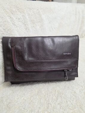 Samsara Espresso Vegan Leather Asymmetrical Zip Clutch Travel Folio Brown Purple